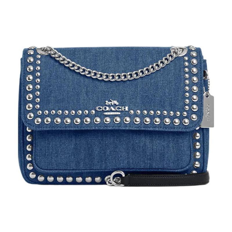 COACH Klare 25 Studded Snap Flap Denim and Pebbled Leather Shoulder Crossbody Bag Medium Women s Denim Blue синий