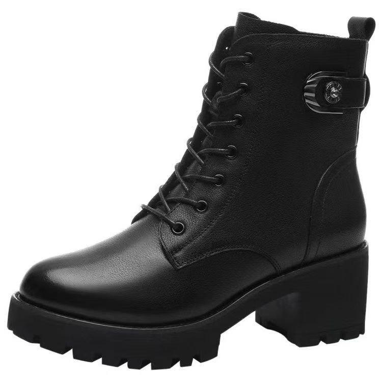 Hoher Absatz dicker Absatz weiches Leder kurze Stiefel Herbst und Winter neue Schnürung mittelhohe Stiefel Samt warm Schnee Martin Stiefel