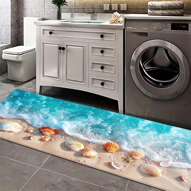 Ocean Wave Seashell Printed Non Slip Kitchen Runner Rug Coastal Beach Themed Floor Mat for Living Room Hallway Home Decor Carpet