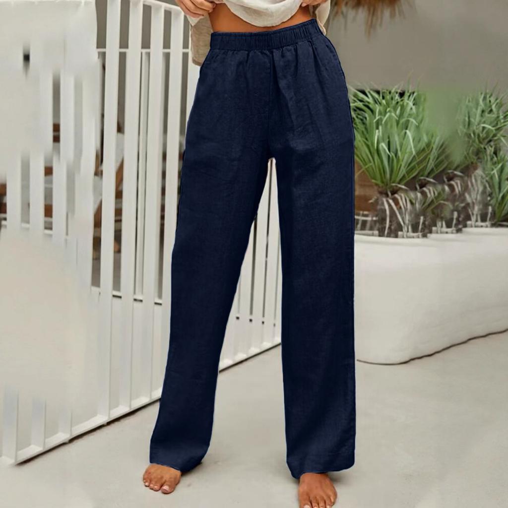 Pantaloni Casual da Donna alla Moda, Colorati, Vita Elastica, Cotone e Lino, Gamba Dritta Larga