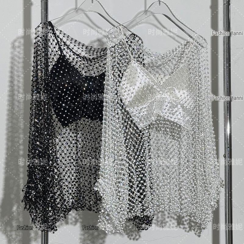 

Yanni Rhinestone Mesh Cover-up: Sexy Hot Girl Long Sleeve Bandeau Camisole One Size