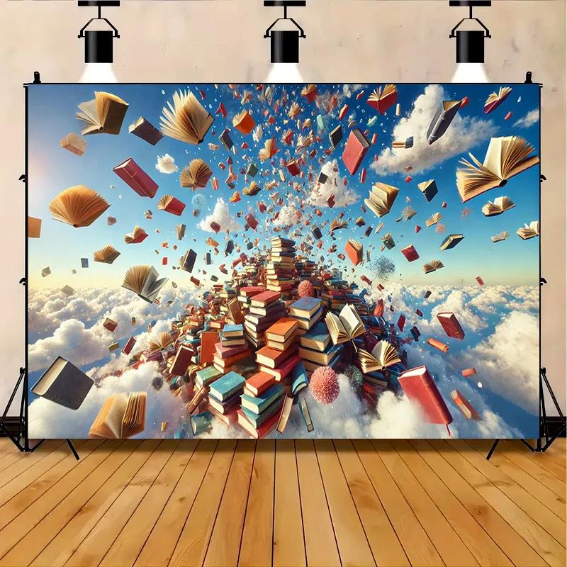 A polyester fiber party banner, with a floating book design, measuring 8x6 feet, suitable for home useDJH