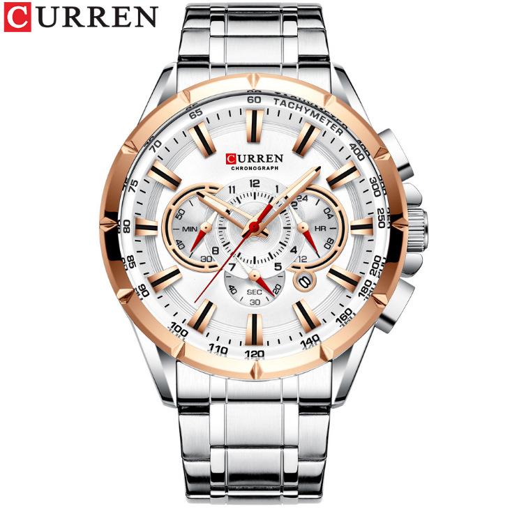 CURREN 8363 Men's Waterproof Quartz Steel Band Watch with Multifunctional Seven-Needle Design and Calendar/Weekday Display.