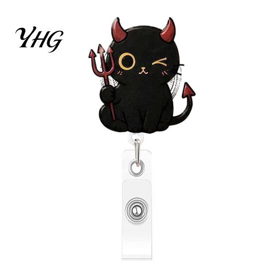 Halloween Badge Clip Black Cat Pumpkin Reel, Retractable with 360 Degree Rotating Clip, Id Card Acrylic Decorative Reel for ID Holder And Nurse