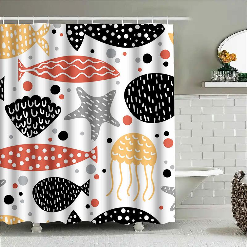 

Whimsical Bath Rug SetModern Animal Print Shower Curtain with Fish Jellyfish Design in Black, White, Red Yellow Perfect for Kids 90x180cm