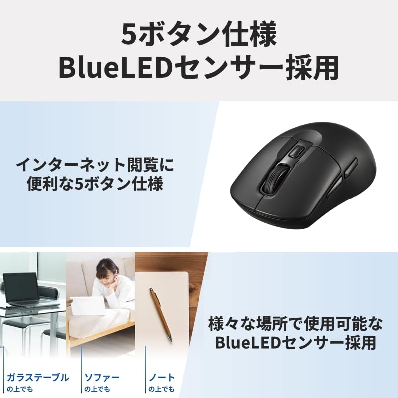 Buffalo Silent Keyboard and Mouse Set, Wireless 2.4GHz, Full Keyboard, 109 Keys, Japanese Layout, 5 Buttons, Blue LED, Black, BSKBW345SBK