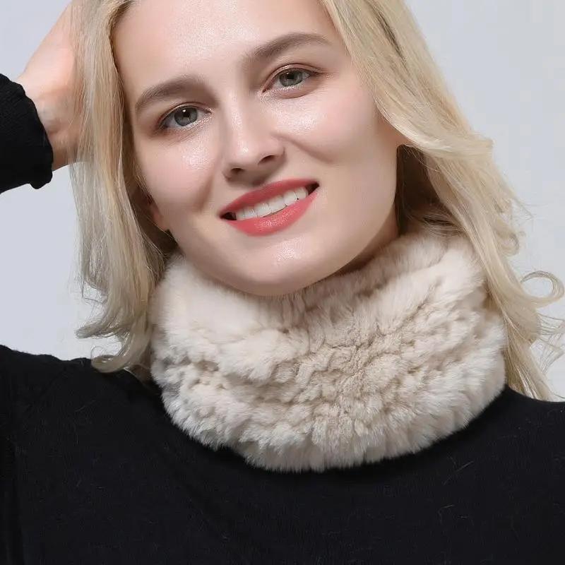 Knitted Ring Scarf Women Natural Rex Rabbit Fur Neckwarmer Winter Warm Fashion Female Scarves