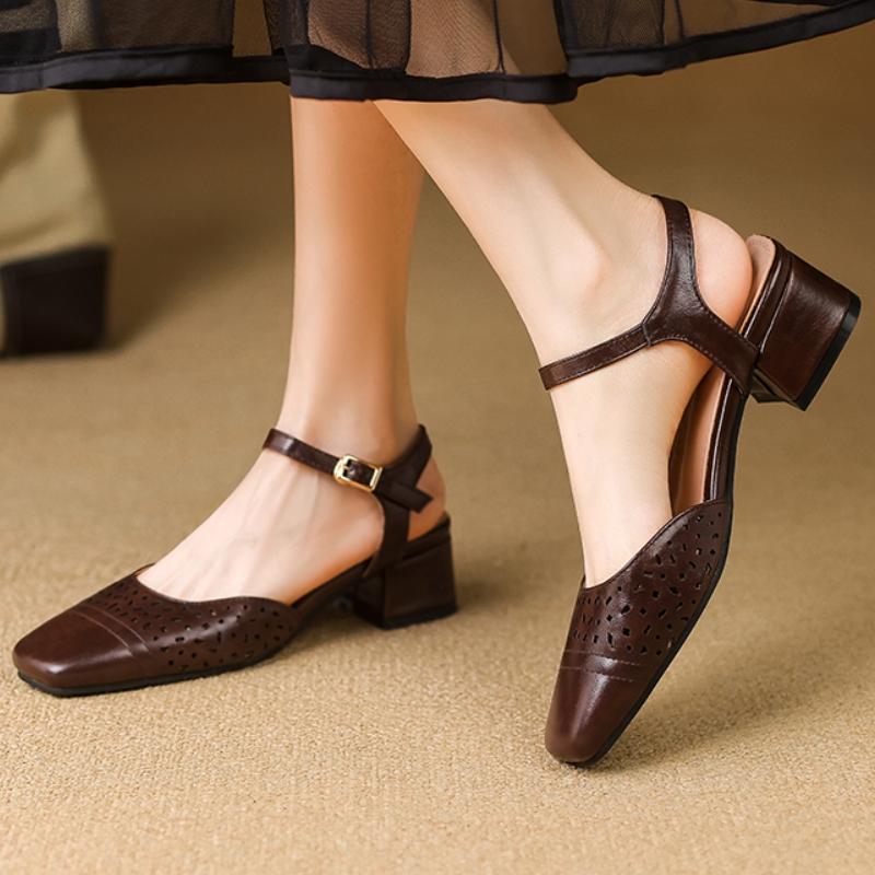 Eleganckie Damskie Sandały Letnie Buty 2025 Modne Niskie Obcasy Zamknięty Nosek Czarne Brązowe Obuwie Buty Damskie Wygodne