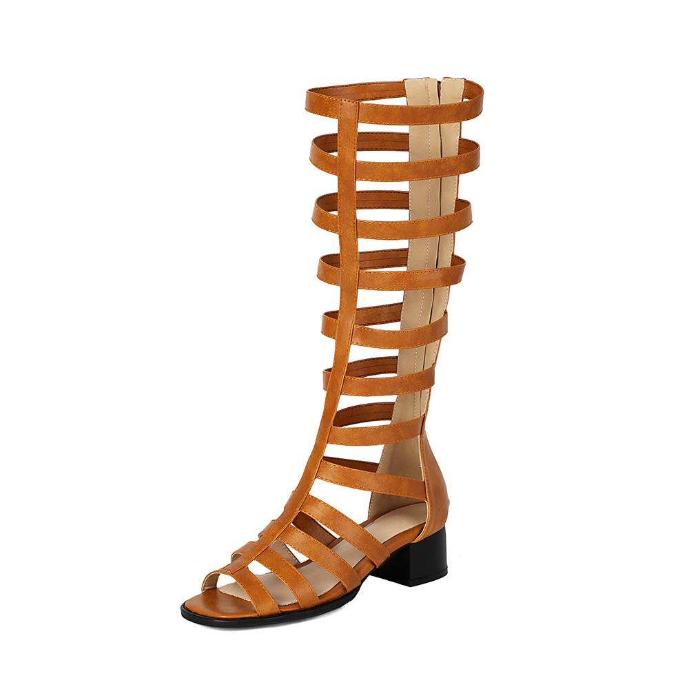 Brown Women Gladiator Sandals Med Block Heel Lady Casual Shoes Large Plus Size 48