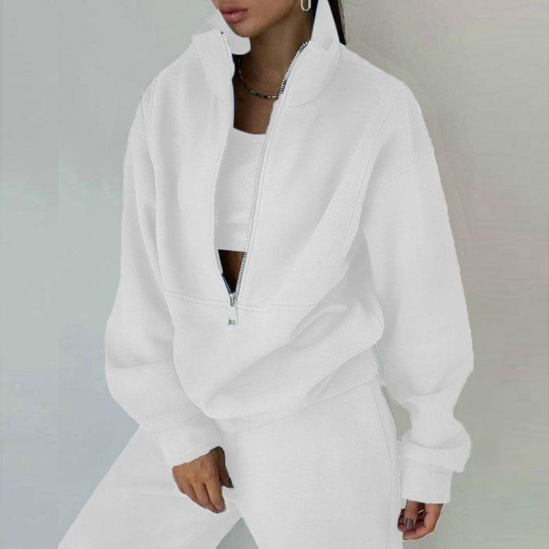 Fall and Winter New Arrival Fashion Stand Collar Zipper Fleece Loose Long Sleeve Sweatershirt Jogger Pants Pants Casual Sports Two-Piece Suit