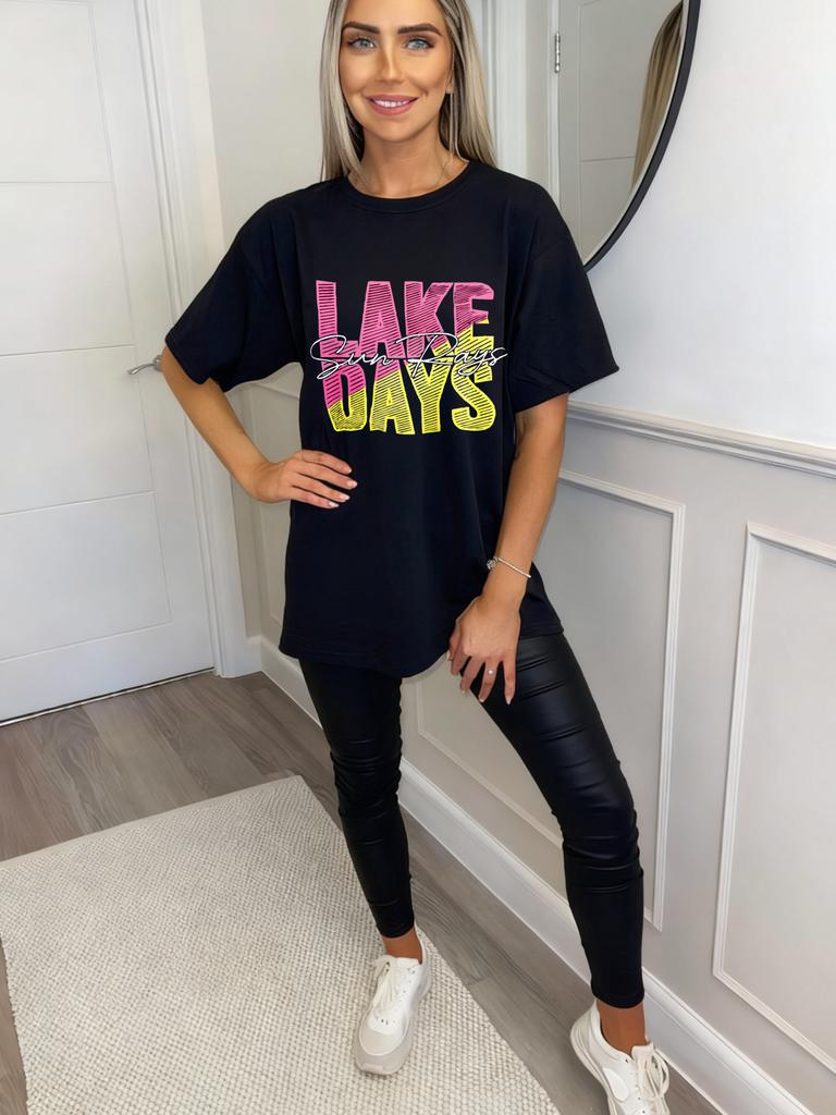 Lake Days Oversized T Shirt Black Pink And Yellow Gradient Text Sun Rays Print Summer Beach Vacation Wear