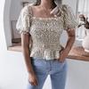 Chic bluse med blomsterprint for kvinner Vår Sommer Firkantet krage Korte lanternermer Kappehem Slank midje Chiffontopp Enkel S-XL