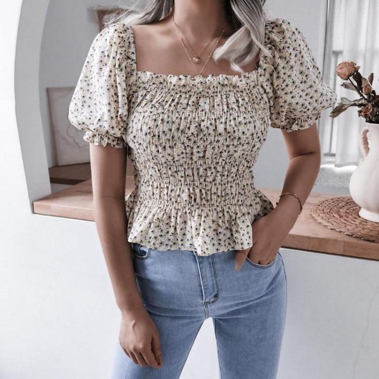 Chic bluse med blomsterprint for kvinner Vår Sommer Firkantet krage Korte lanternermer Kappehem Slank midje Chiffontopp Enkel S-XL