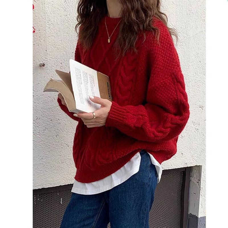 

Красный твист топ осень и зима средней длины утолщенный пуловер свободный снаружи ленивый ветер вязаный свитер с низким круглым вырезом женский красный