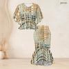 Women Plus Size Printed Two Piece Skirt Set Round Neck Batwing Sleeve Ruffle Hem Top Fishtail Skirt Black Grey Gold