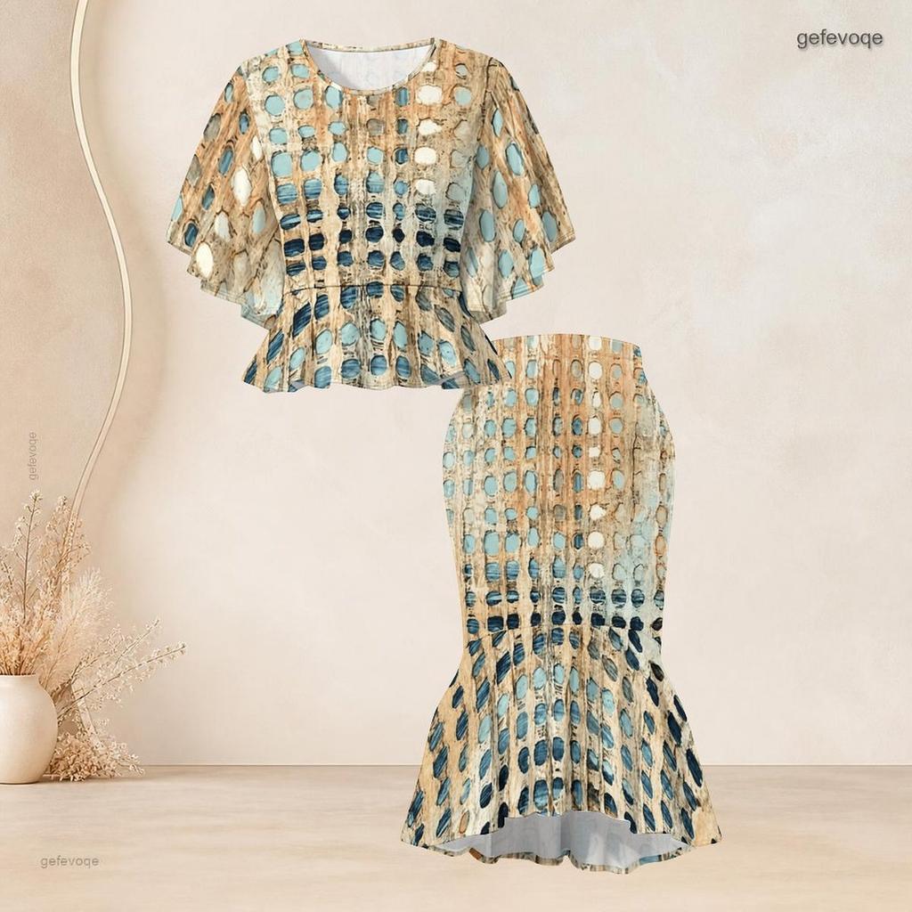 Women Plus Size Printed Two Piece Skirt Set Round Neck Batwing Sleeve Ruffle Hem Top Fishtail Skirt Black Grey Gold