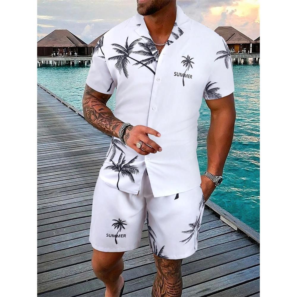 Summer New Men's Coconut Print Shirt Set High-quality Fashion Trend Shorts Hawaiian Style Casual Pool Top Outdoor Beach Two-piece Set