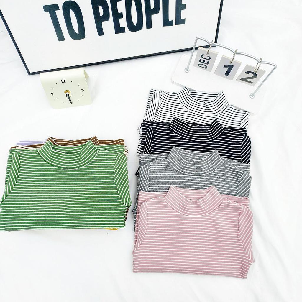 Kids' and Parents' Striped Long Sleeve T-shirt - Semi-High Collar Elastic Layer for Autumn/Winter