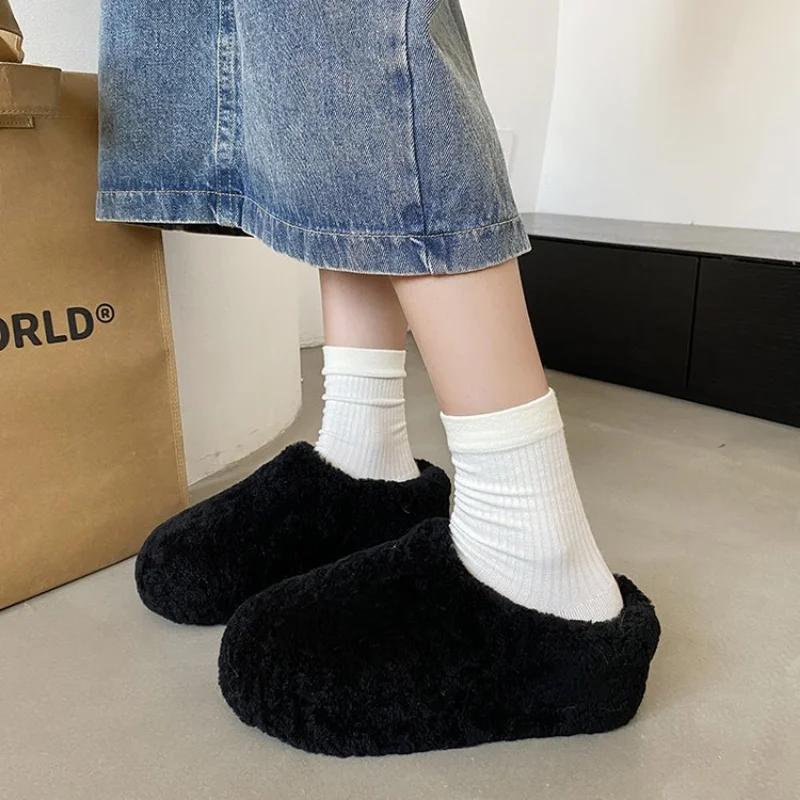 Women Winter Thick Sole Warm Fluffy Slippers Fashion Cozy Indoor House Slides Woman Increase Non Slip Plush Warm Cotton Slippers