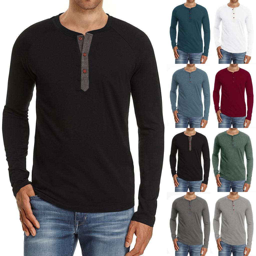Men's Fashion Casual Front Placket Long Sleeve Color Cotton T-Shirts