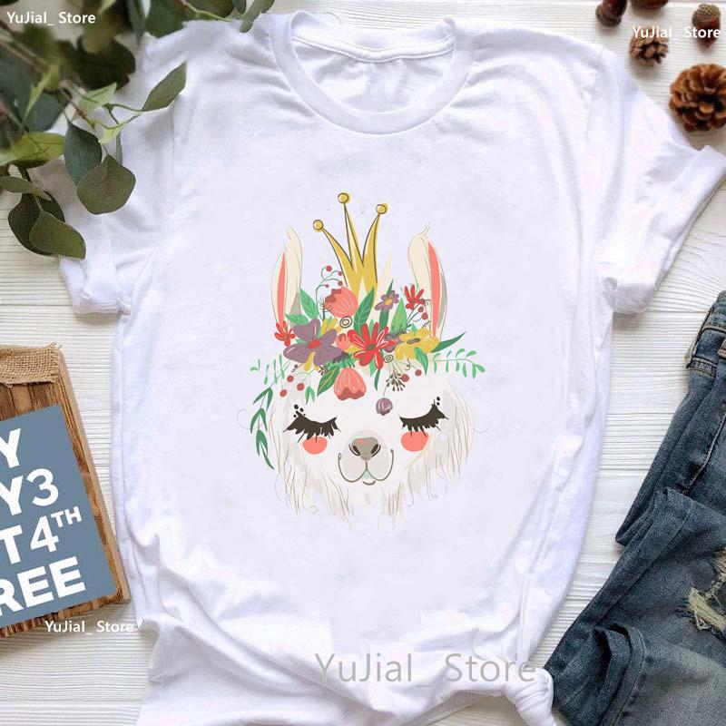 Kawaii Alpaca With Flowers And Coffee Print T Shirt Girls Summer Short Sleeve Tshirt Femme Fashion Tops Tee Shirt Female