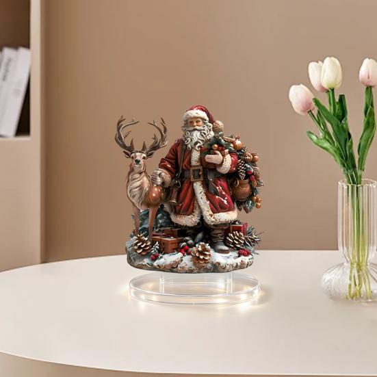 Santa Claus Desktop Ornaments Christmas Reindeer Tabletop Ornament, 2D Acrylic Lightweight Holiday Table Figurines Decor for Fireplace Living