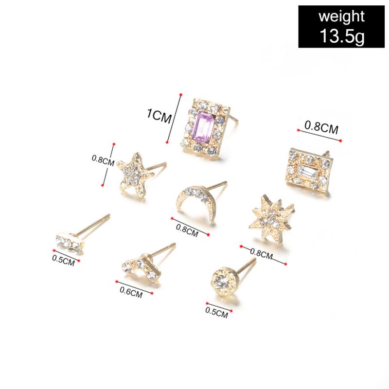 7 Pairs Ear Stud Delicate Artificial Gemstone Inlaid Earrings Love Star Moon Square Shape Elegant