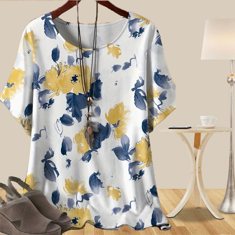 Women's Casual Loose Spring Shirt Women's Short Sleeve Graffiti Plants Flowers Printed Tops