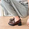 Leather camellia one-pedal loafers women's 2025 new retro small leather shoes commuter thick high heel round head single shoes