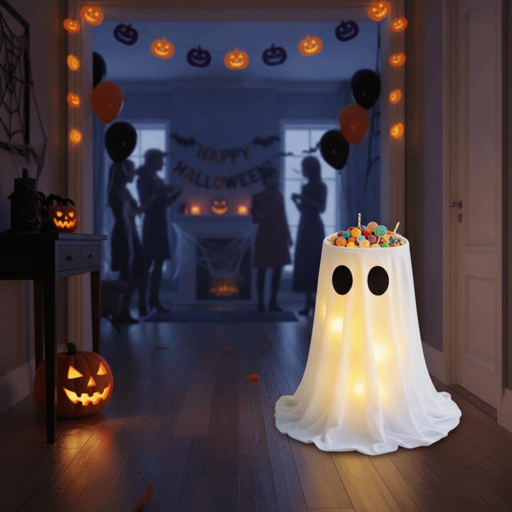 Standing Halloween Glowing Ghost Treat Bucket Height-adjustable Halloween Candy Holder  Outdoor
