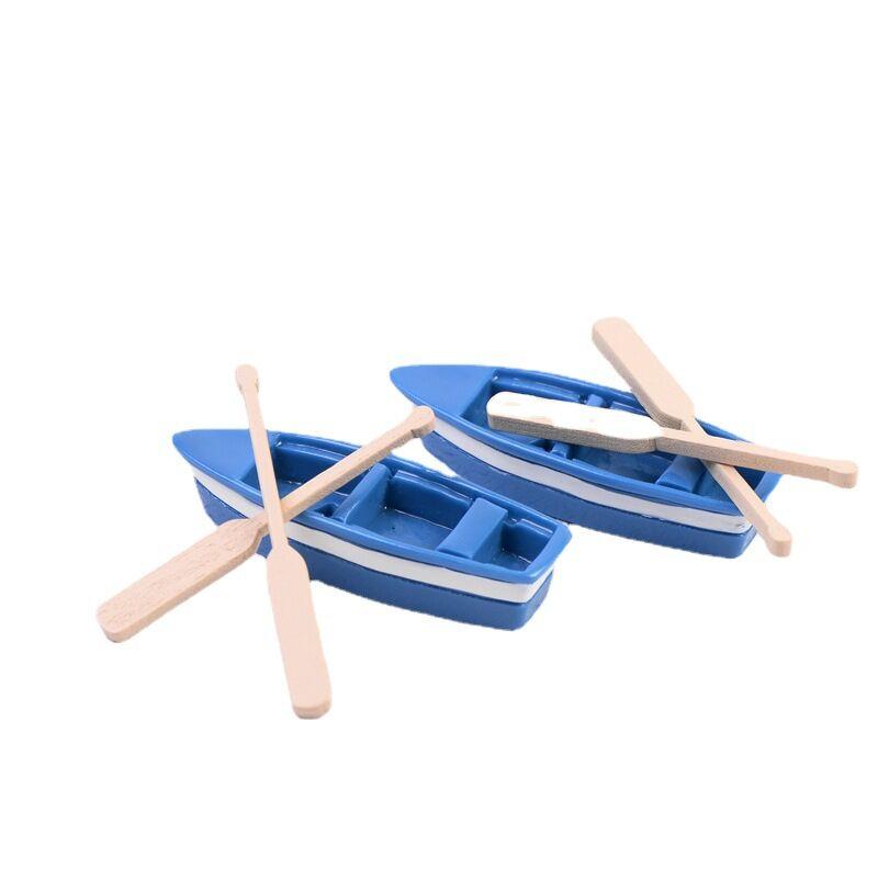 Blue Boat With Two Oars Doll House Resin Model Accessories Canoe Paddle Kids Doll Toy Fairy Garden Micro Landscape