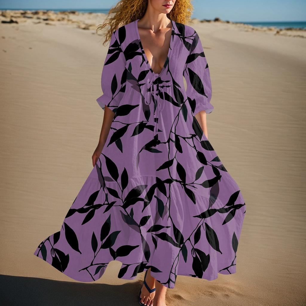 Women's Summer Fashion V-neck Retro Floral Print Short Sleeved Beach Dress With Lace Patchwork Dress
