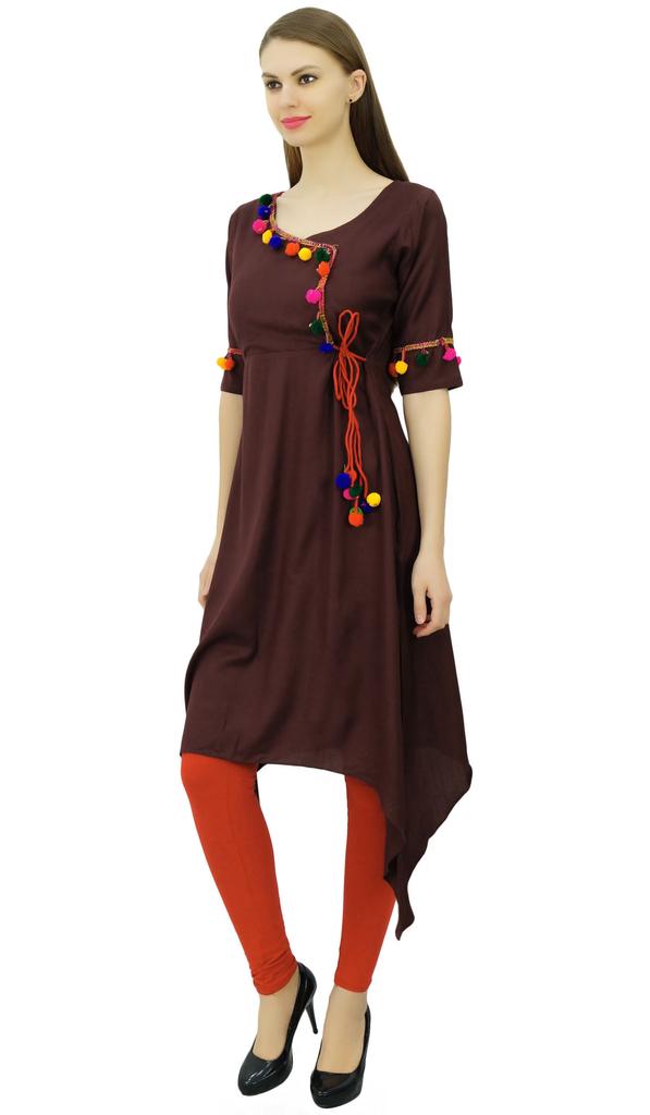 Phagun Angrakha Style Rayon Womens Tunic Kurta Pom-Pom Designer Kurti Top Indian
