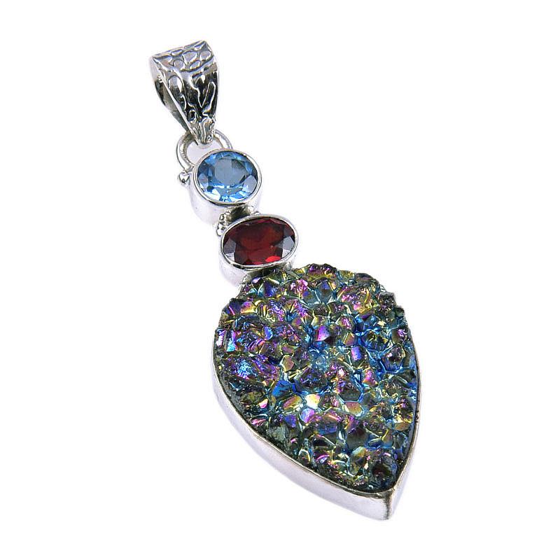Natural Titanium Druzy,Garnet 925 Solid Sterling Silver Gift Pendant 2.25" Q7r76