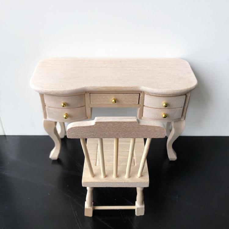 Miniature Study Furniture Set 2PCS Wood Desk Chair Models For Adult Collector Study Decoration