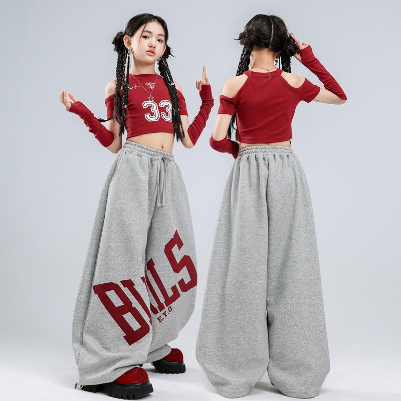 Girls' Korean Style Jazz Dance Outfit: Crop Top Vest & Loose Pants Set