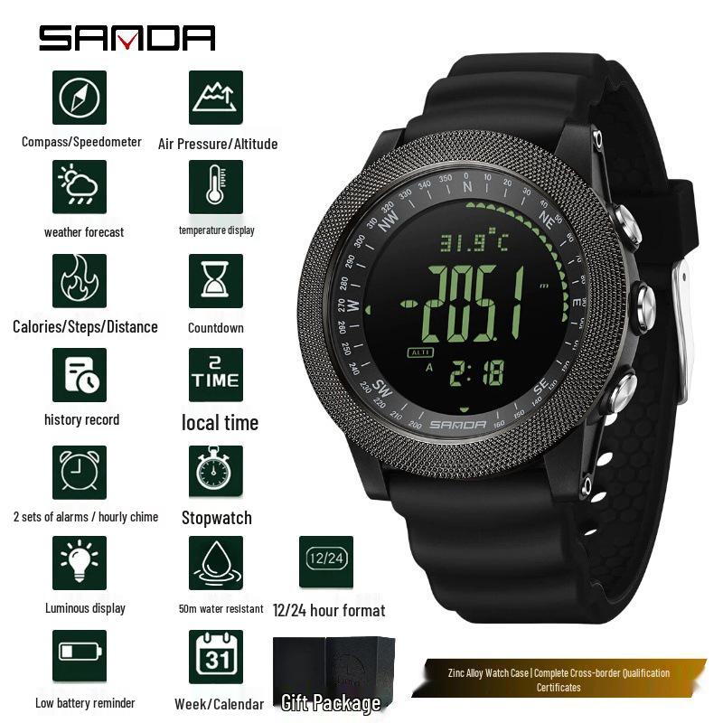 Sanda Multifunctional Sports Watch: Air Pressure, Temperature, Altitude, Weather Forecast, Compass, Pedometer, Luminous Display.