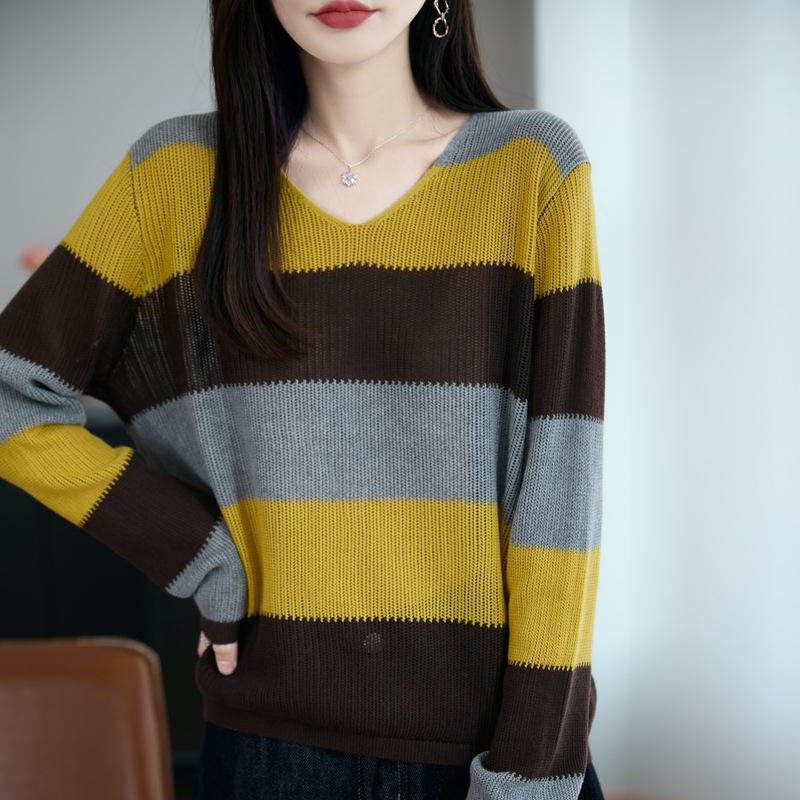 Women's V-Neck Striped Knit Sweater - Long Sleeve, Slimming, Loose Fit for Autumn