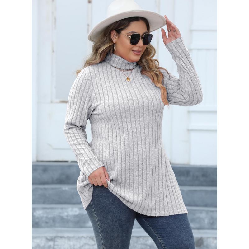 Women's Plus Size High Neck Slim Fit Base Shirt Ribbed Striped Split Mid-Length T-Shirt