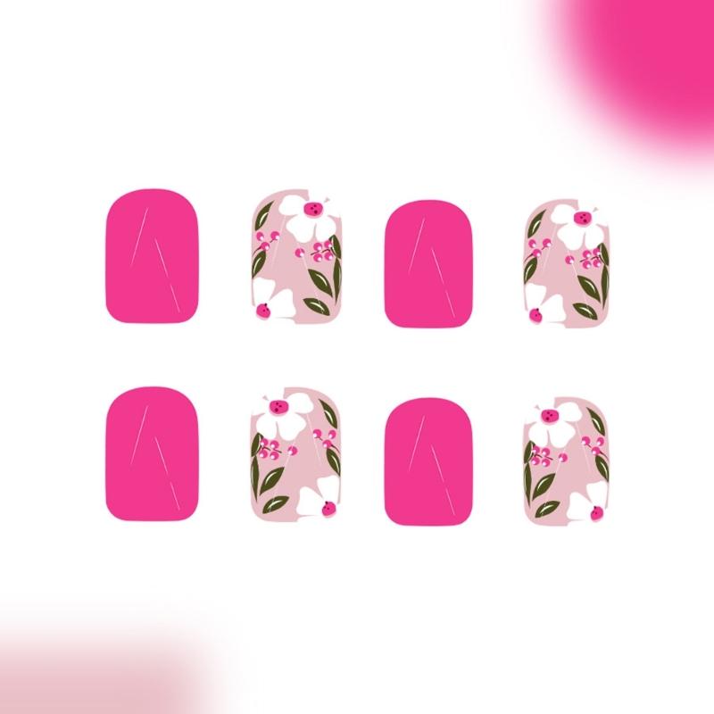 24 Pcs Flowers False Nail Solid Color Artificial Nail Glossy Full Cover Stick on Nail Short Square Press On Nail