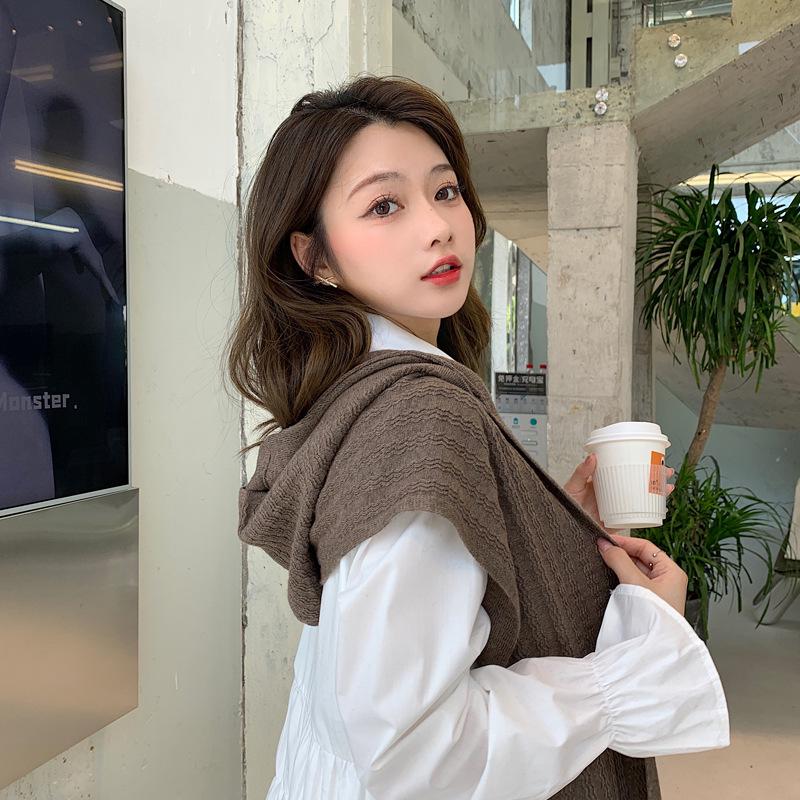 Korean Style Knitted Shawl Scarf Hat Combo - Women's Solid Color Autumn/Winter Cape