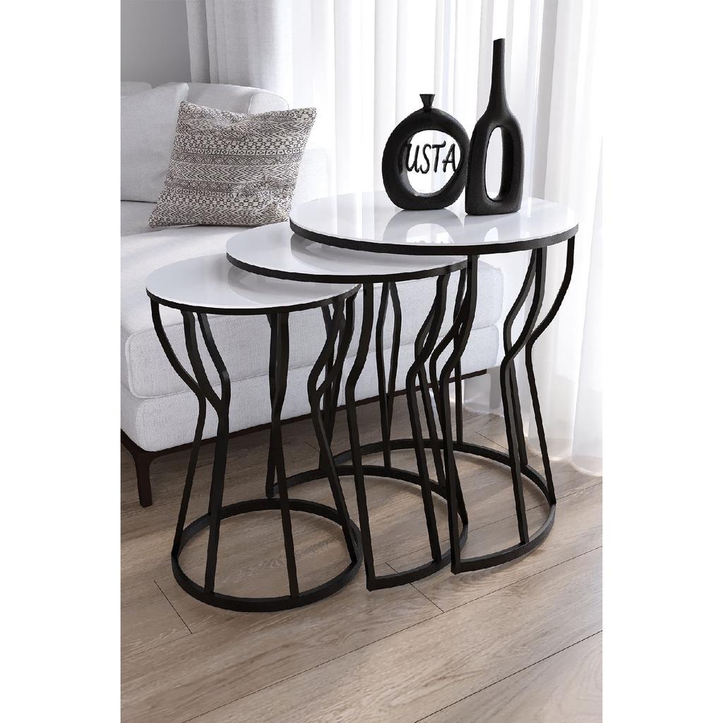 C Hourglass Nesting Table Set Of 3 Black Legs - Black Glass