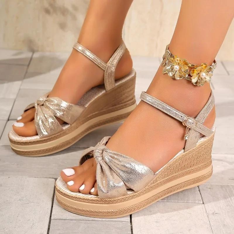 Bowtie Decor Gold Chunky Platform Sandals Women 2025 Summer Ankle Straps Wedge Sandals Woman Lightweight Thick Bottom Sandals