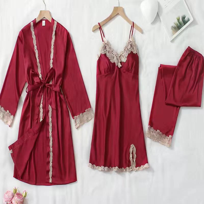 Women's Summer Silk Pajama Set: 5-Piece Long Sleeve, Lace Trim Camisole, Shorts & Pants