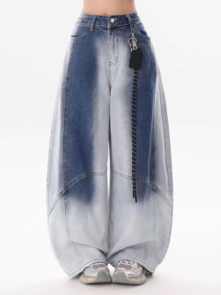 Women's Retro Gradient Washed Denim Hip Hop Pants - Casual Loose Fit