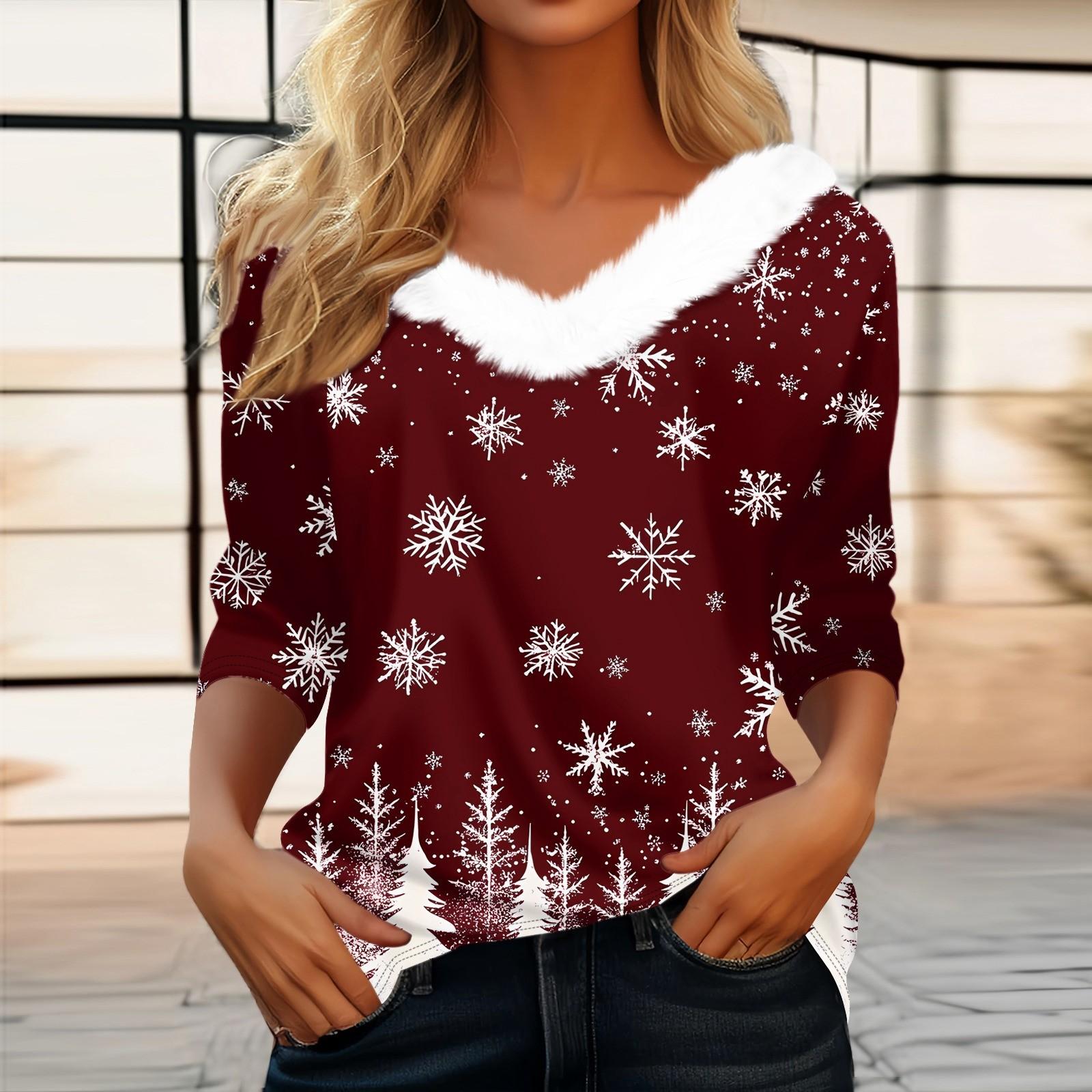 

Женская футболка с рождественским принтом, флисовый воротник с рукавом три четверти и V-образным вырезом на рождественской вечеринке XXL винный