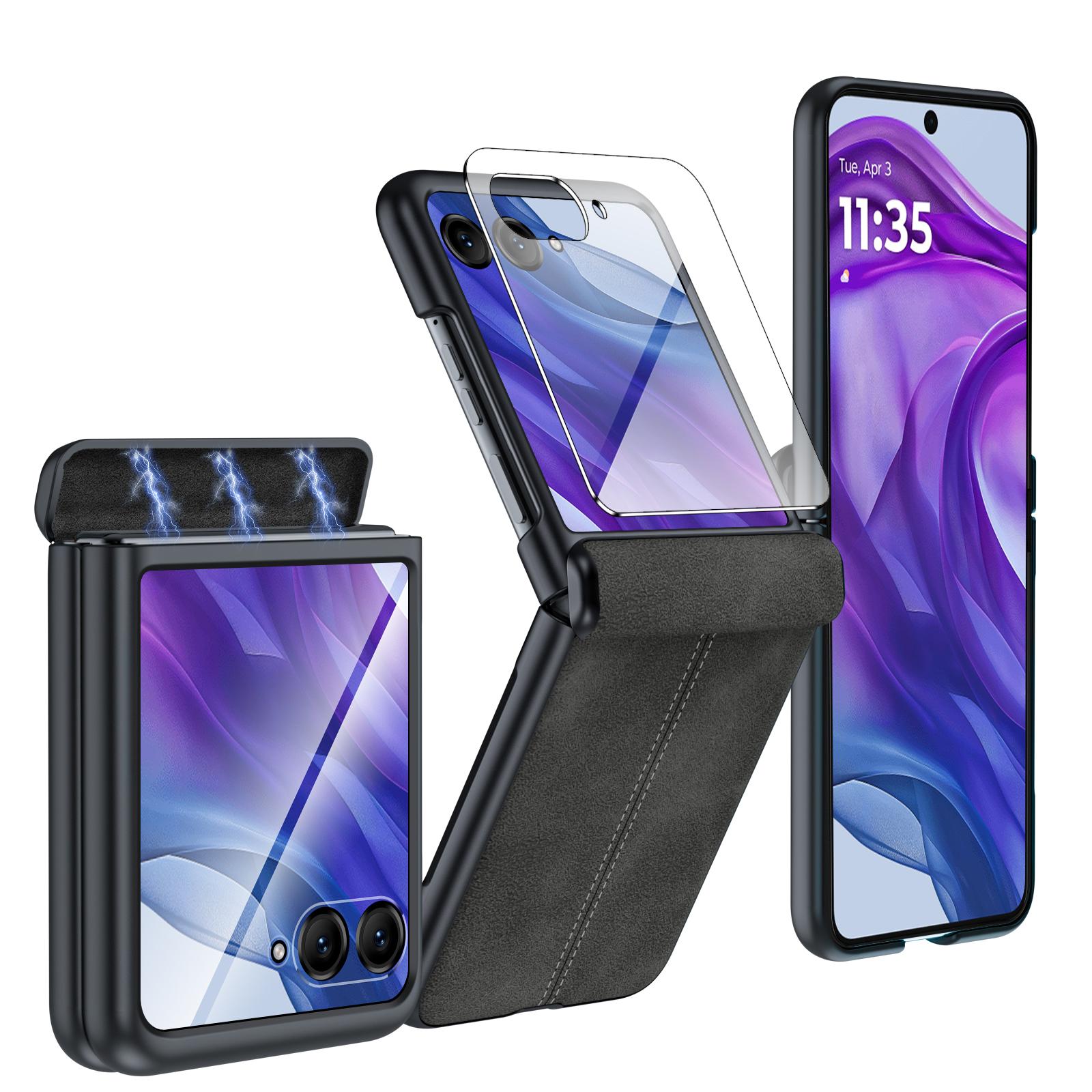 for Motorola Razr Ultra 2024 Case/Razr 50 Ultra Case,Built-in Screen Protector & Hinge Protection & Ultra Thin PU Leather Matte PC Phone Case-Green