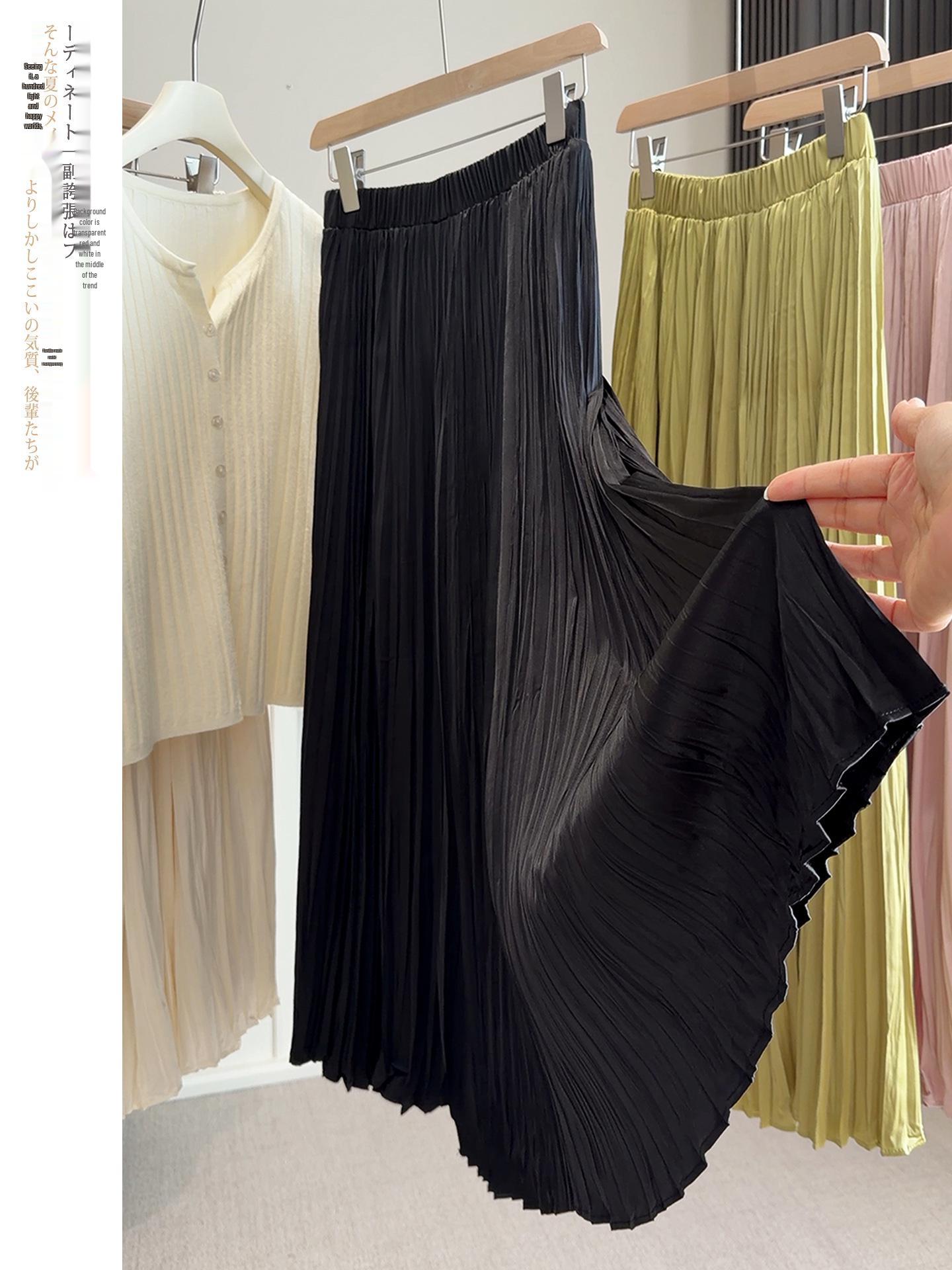 Весенняя плиссированная юбка-миди А-силуэта из сатина: С высокой талией, Стройнящие, Универсальные и Элегантные One Size чёрный