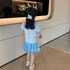 Summer Children Girls Student Set JK Mandarin Collar Tshirts and Pleated Skirts Kid Bottom
