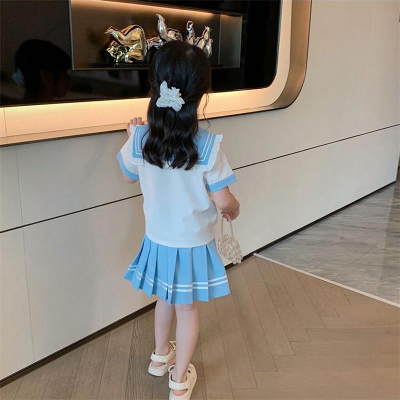 Summer Children Girls Student Set JK Mandarin Collar Tshirts and Pleated Skirts Kid Bottom